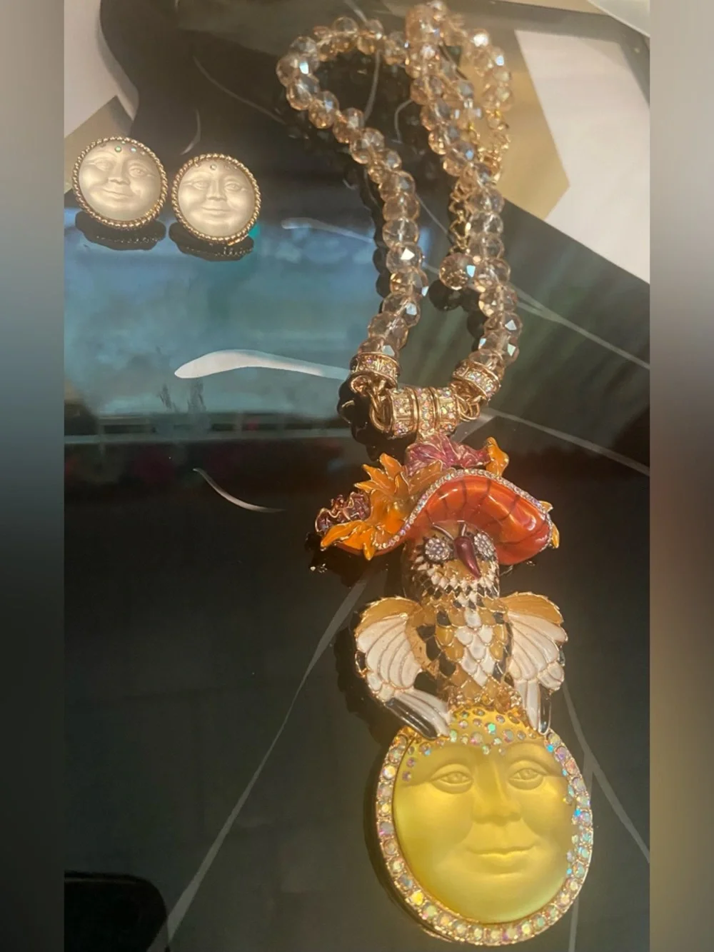 Kirks Folly Moon & Owl Magnetic Pendant/Necklace & Moon Earrings #81